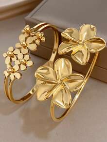 18K Gold Plated Stainless Steel Vintage Elegant Flower Open Bangle Bracelet Set, Women's Bangles, For Women Ladies, Gifts For Mom, For Daily Wear, Weddings, Gala, Suitable For Daily Life, Parties, Dates, Beach, Mother's Day Gift, Valentine's Day Gifts, Spring, Wedding Supplies, Summer Accessories - Multicolor - View 3