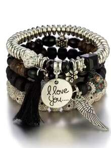 4 pièces Nouveaux bracelets bohèmes, bracelets à franges multicouches créatifs en perles, bijoux mode pour femmes - Gris - Voir 9