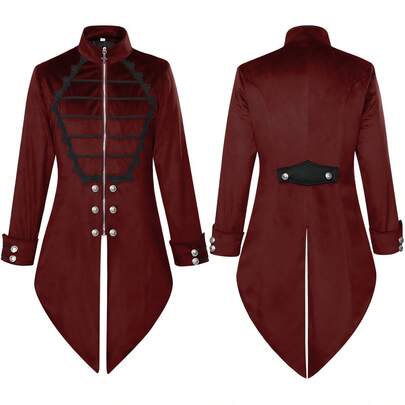 COS Men's Retro Medieval Stand Collar Coat, Dark Patterned Gothic Style Top, Show Costume For Carnival And Halloween.