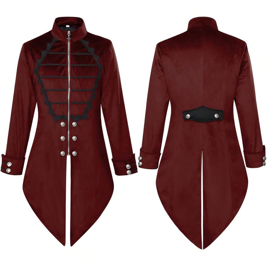 COS Men's Retro Medieval Stand Collar Coat, Dark Patterned Gothic Style Top, Show Costume For Carnival And Halloween. - Red - View 1