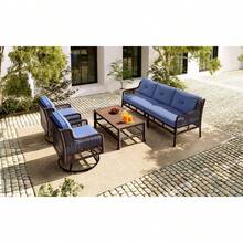 Juego de muebles de patio GO de 4 piezas con sillas giratorias, sofás de mimbre para exteriores para 5 personas, conjunto de conversación de ratán seccional para exteriores, ideal para la terraza, el patio trasero o la piscina, color azul. - Azul + Poliéster + Mimbre + Conjuntos de Patio Completos - Ver 4