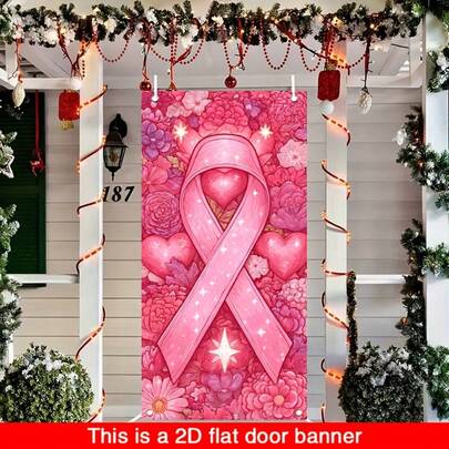 2 Banderines planos [Banderines de fiesta, Banderines de bandera/Banderines de fiesta] 1 pieza (35 * 70 pulgadas/90 * 180 cm), material de poliéster, banderín para el marco de la puerta con tema de prevención y control del cáncer de mama, cinta rosa, diseño de imagen femenina de moda, adecuado para lugar público tema y decoración de banderín, y cortina decorativa colgante dentro y fuera de la sala de actividades temáticas. Hay varios estilos y tamaños disponibles para su selección.