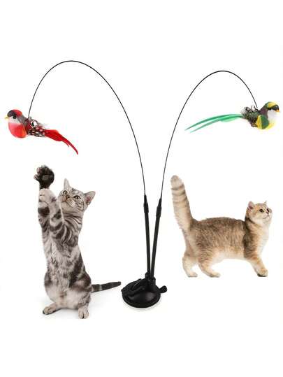Interactive Cat Wand With Long Double Rods And Strong Suction Cup Base - A Hand-Held Cat Toy With Artificial Feathers (Red/Green), Made Of Polyester, Suitable For Hunting And Exercise, Kittens And Adult Cats - Suitable For Indoor And Outdoor Use, No Batteries Required - Pet
