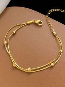 1 pieza Brazalete de acero inoxidable ligero de doble capa con diseño de hueso de serpiente dorado, joyería básica geométrica de acero de titanio para uso diario - Amarillo Oro - Ver 8