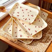 1/4Pcs Multifunctional Cherry Pattern Rectangular Plastic Serving Tray, Reusable Dinner Tray For Food, Snack, Dessert, Fruit, Large Capacity Stackable Storage Tray, Tea Tray, Serving Plate, Suitable For Student And Adult Use In Home, Kitchen, Dorm, Office, Rrestaurant, Picnic - Multicolor - View 7