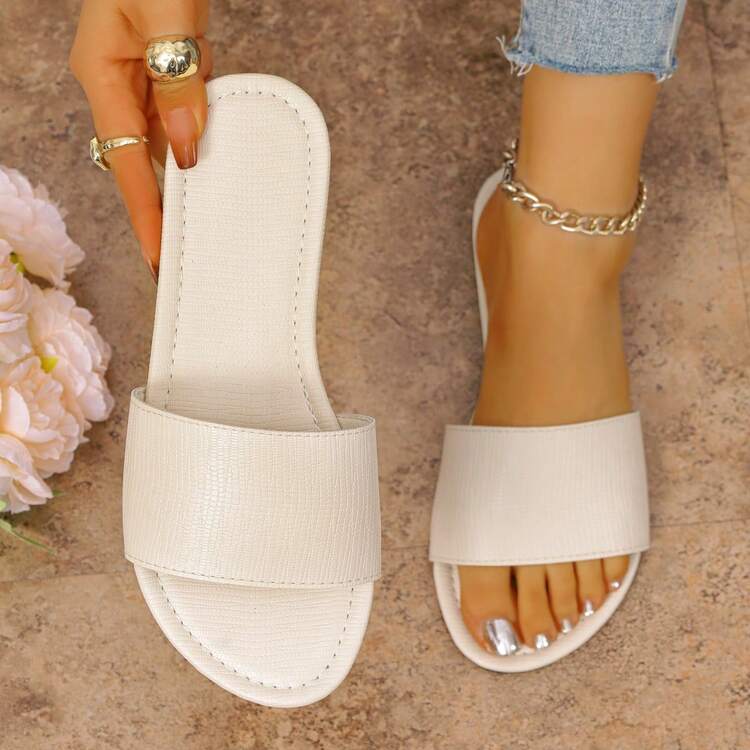 2026新款女士纯色平底凉鞋，压纹皮革，时尚优雅，百搭实用，适合夏季休闲外出、度假和海滩穿着。 - 米色 - 查看 14