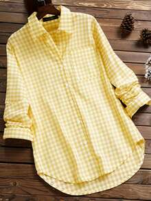 Women's Vintage Plaid Cotton Long Sleeve Casual Shirt, Spring/Summer - Light Yellow - View 2