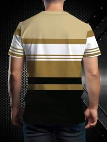 Fashionable Striped Men's Round Neck T-Shirt: Perfect Blend Of Comfort And Style, Casual Versatile Top, 100% Polyester, Lightweight Fabric, Suitable For Summer Wear - Multicolor - View 3