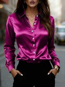女士缎面衬衫，长袖纽扣衬衫，无弹力常规版型，适合春夏秋季穿着 - 玫紅色 - 查看 1