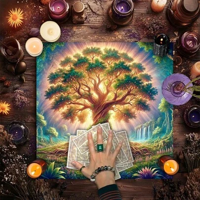 1件套迷人复古花卉日月图案塔罗牌桌布 - 优雅的生命之树塔罗牌桌布，色彩鲜艳的涤纶材质，饰有星空和花卉图案，适用于塔罗牌占卜、巫术和占星术，也可作为波西米亚风塔罗牌桌布或游戏垫，家居装饰。