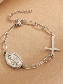 1pc Stainless Steel Jewelry Bracelet, Versatile Cross & Saint Design, Minimalist Elegant High-End Elegant, Suitable For Women's Daily, Party, And Gift Giving - Multicolor - View 4