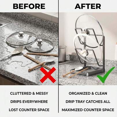 1pc Multi-Function Kitchen Pot Lid Organizer Rack, Made Of Thick Carbon Steel, With Removable Drip Tray And Utensil Holder, 2-Tier U-Shaped Slots Design To Hold Various Pot Lids, Spatulas And Spoons, Rust-Resistant Durable Kitchen Storage Solution