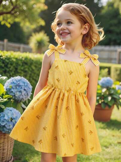 女童休闲条纹撞色蝴蝶结印花无袖3D蝴蝶结宽肩带露背方领A字连衣裙，日常、居家、户外、春夏皆宜，女童连衣裙