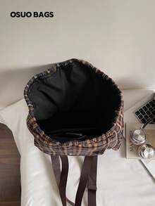 Ba lô nylon kẻ caro thời trang, dung tích lớn, nhiều ngăn, chống thấm nước, nhẹ, có thể gấp gọn, dây rút, có miếng dán chữ, thích hợp cho mùa hè. - Cà phê nâu - Xem 6