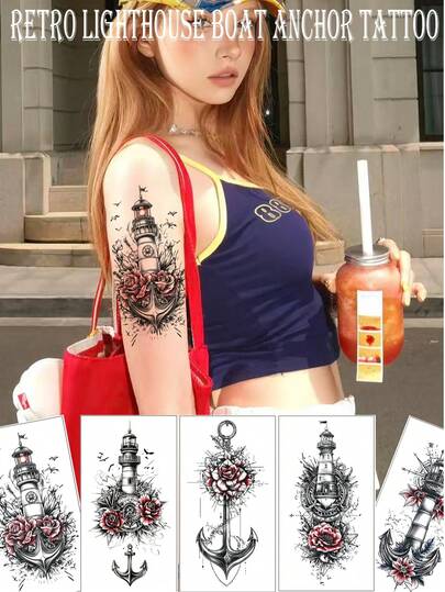 5张复古灯塔锚玫瑰纹身贴纸，防水持久，适用于大尺寸手臂，逼真仿真纹身