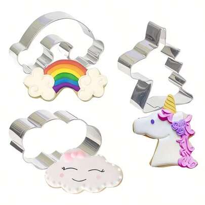 Set de 3 cortadores de galletas en forma de unicornio, arcoíris y nube de acero inoxidable en miniatura - Cortadores de arcilla polimérica, moldes de galletas pequeños con forma de frutas, para niños