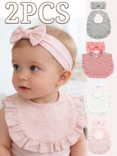 Set de 2 piezas de diadema y babero para bebé, diadema de moño para recién nacidos, baberos con volantes, accesorios suaves y amigables con la piel para bebé, props de fotografía para baby shower, adecuado para niños y niñas