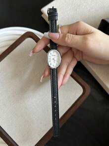 1 pieza Reloj de cuarzo para mujer de estilo retro con correa ajustable, forma elíptica y escala de números romanos, compacto y perfecto para uso diario - Negro - Ver 3