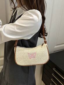 Summer Classic Straw Underarm Bag, New Casual Commute One Shoulder Crossbody Square Bag With Bow Embroidery Woven Design For Women - Beige - View 5