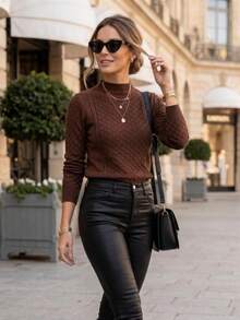 Women's Basic Modal Blouse With High Neck, Textured Knit Fabric, Winter Style, Delicate, Julook Knit, Cable Stitch, Daily Wear - Rust Brown - View 4