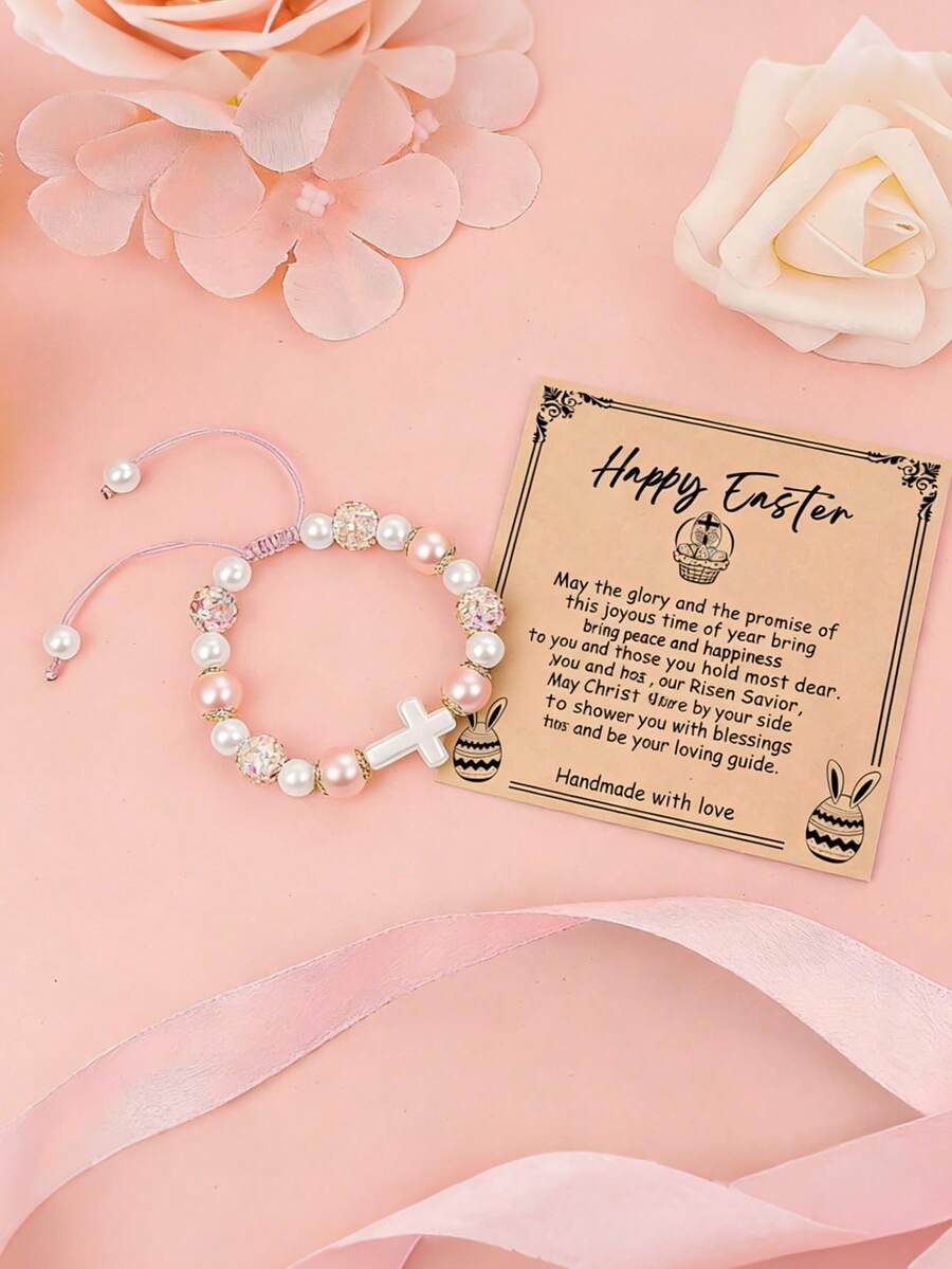 1pc Easter White/Pink Pearl Cross Pendant Bracelet For Gils And Teens Easter Basket Filler Christian Gift - Multicolor - View 1