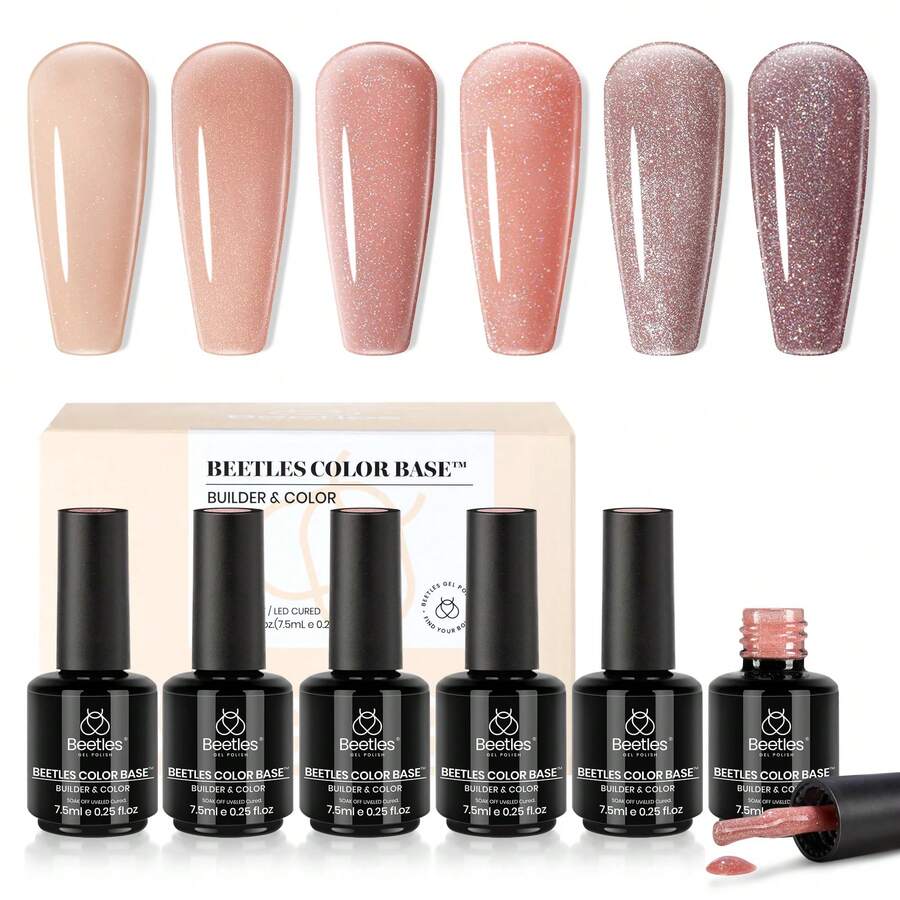 Beetles Rubber Base Gel Nail Polish, 6 Colors Nude Gel Polish Pink Peach Neutral Sheer French Tips Base Colors - 6 Colors 5 IN 1 Nude Rubber Base Gel - 查看 1