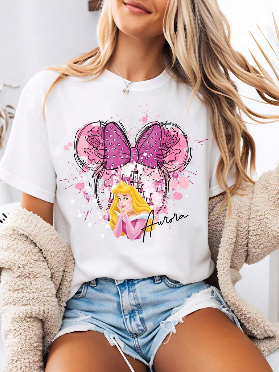 Disney-Style Women's Graphic Tee Featuring A Pink Mickey Mouse Cartoon Print Of Aurora From . This Women's Summer Clothing Item Is A Crew Neck Tee Made From Soft, Comfortable 100% Cotton Fabric. Perfect For Everyday Wear, Outdoor Activities, Or Shopping Outings. Also Ideal As Women's Vacation Wear. - White - View 1