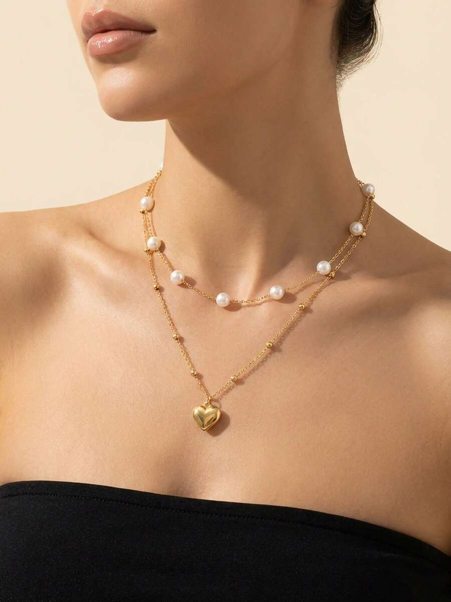 2件套心形珍珠项链，适合女士约会和派对佩戴 - 彩色 - 查看 1