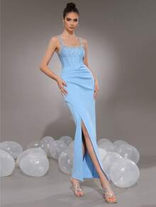Modphy Sexy ärmelloses, stark verziertes Strass-Plissee-Maxikleid mit Schlitz, trägerlos, elegantes Damen-Party- und formelles Abendkleid - Babyblau - Übersicht 5