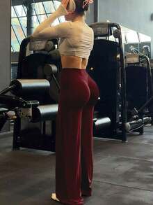 This Solid Color Yoga Wide-Leg Pants Are Comfortable And Slimming, Suitable For Running, Fitness, And Various Yoga Activities. - 酒紅色 - 查看 13