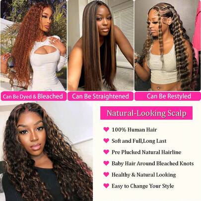 Tóc giả ren phía trước kiểu ombre highlight 1B/30, sóng sâu, tóc thật 13x4, màu đen với highlight nâu, kiểu balayage, mật độ 180.