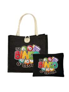 2 Stücke/Set Casual Tragetasche Set, Muster mit "Es ist Bingo Uhr", inklusive Damen Handtasche und Geldbörse Set, Tragetasche und Münzbeutel, große Kapazität Damentasche, leicht mit großer Kapazität Shopper, wiederverwendbare Leinen Einkaufstasche, tragbare Reise Kosmetiktasche - Verschiedenfarbig - Übersicht 13