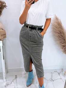 Summer Casual Slit Straight Denim Skirt Spring - Grey - View 3