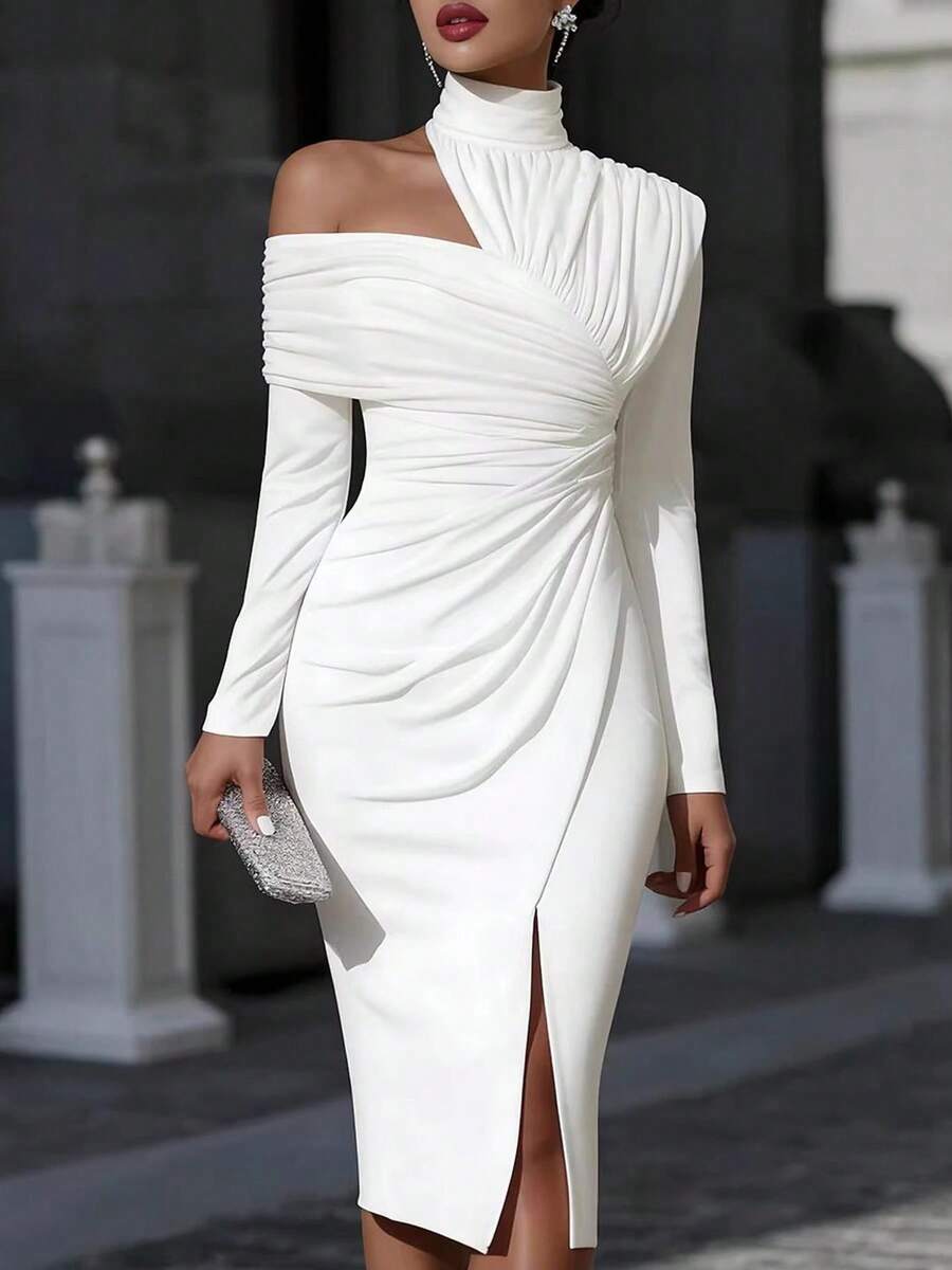 Women's French Summer Fashion Solid Color Elegant Asymmetric Design Olive Green Hanging Neck Off Shoulder Folded Long Sleeve Split Wrap Hip Dress - 白色 - 查看 1