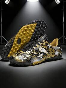 Zapatos de fútbol para competición deportiva de todas las temporadas, zapatos de partido de fútbol de estilo campus, zapatos de entrenamiento de fútbol, con tacos blandos, antideslizantes, transpirables, con patrón de camuflaje asimétrico - Negro - Ver 2