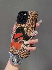 1pc Creative Minimalist Leopard Print Black Cat Guitar Pattern Phone Case, Suitable Compatible With Samsung/ 11, 12 Pro Max, 14 Pro Max, 15, 16/16 Pro, 17/17 Pro And Other Models - Multicolor - View 3