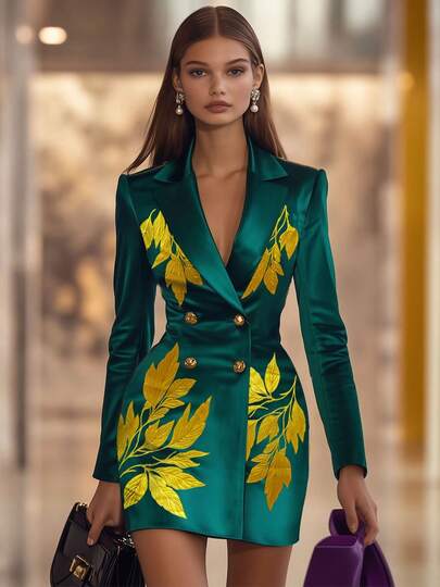 Women's High-End Commuting Robe, Elegant Satin Emerald Green Suit Skirt With 3D Leaf Print & Double-Breasted Design, Lined Dress Jacket Spring