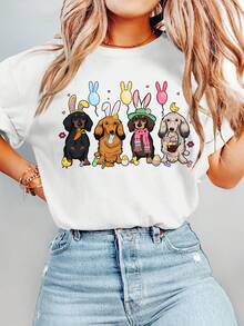 Camiseta de verano holgada para mujer con estampado de un perro dachshund con orejas de conejo. Top versátil de manga corta para mujer, cómodo y transpirable. Diseño clásico de cuello redondo, adecuado para el uso diario, citas o ropa casual. - Blanco - Ver 2