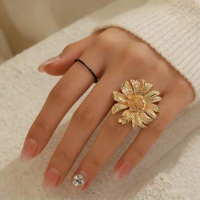 1pc/2pcs Vintage Exaggerated Golden Sunflower Open Adjustable Ring, Suitable For Women's Daily & Home Wear