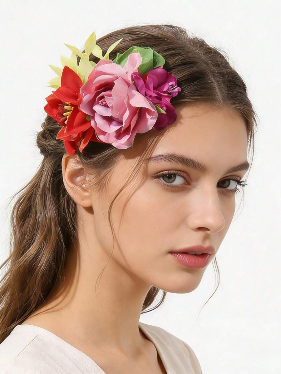Rote Braut Haarkamm mit Vintage Kunstblume, geeignet für Strandurlaub - Verschiedenfarbig - Übersicht 1
