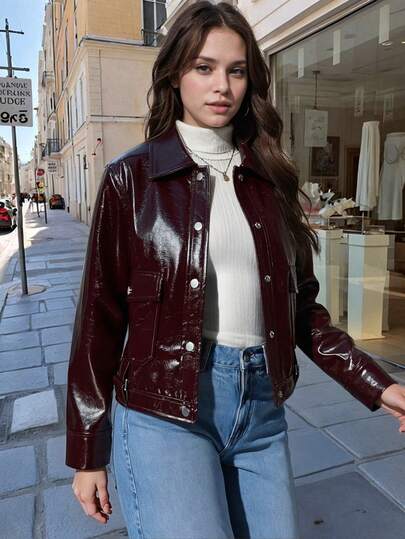 春秋季甜美清新风PU皮亮面短外套，复古立领设计，实用口袋