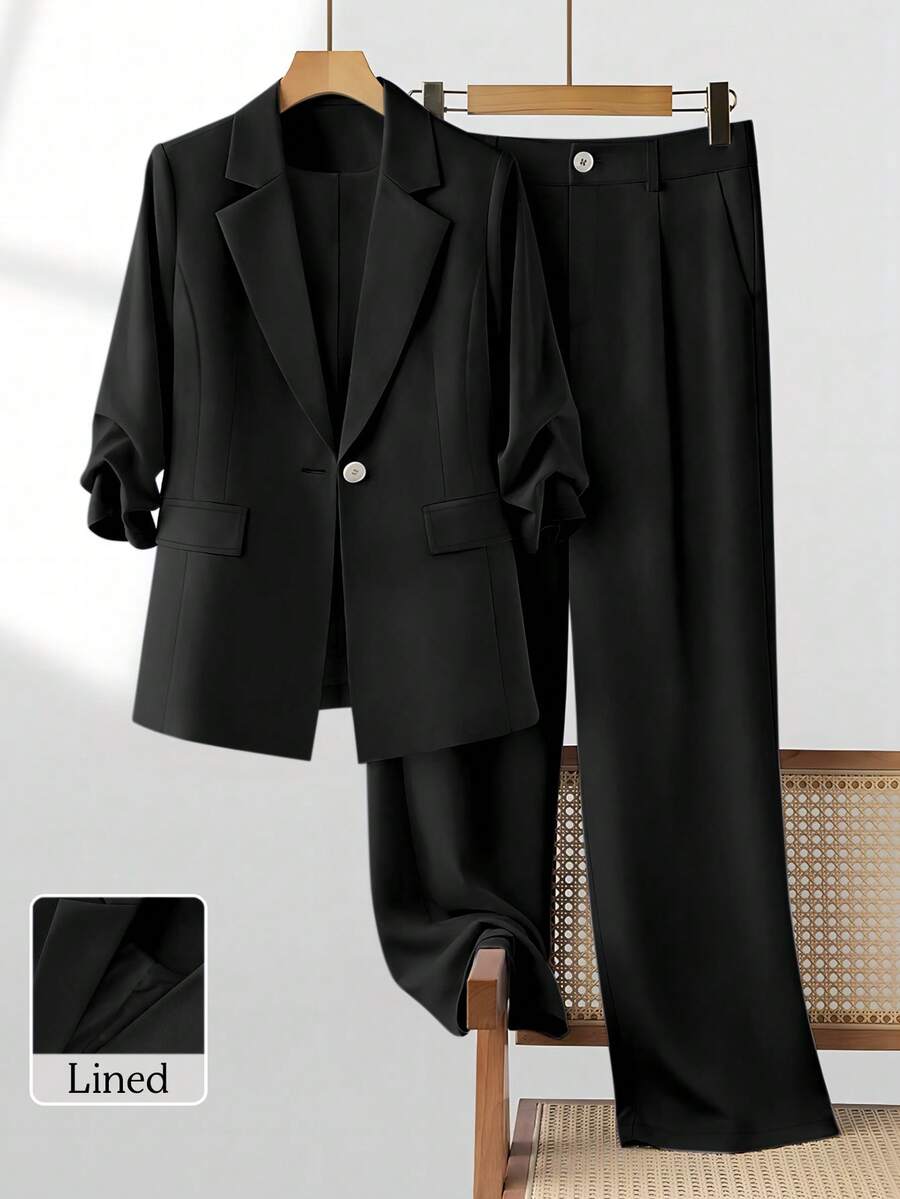 Bộ đồ nữ mùa xuân/hè kiểu dáng thường ngày, thiết kế xếp ly, tay lỡ 3/4, dáng rộng, cài một hàng khuy và quần ống rộng màu đen. - màu đen - Xem 1