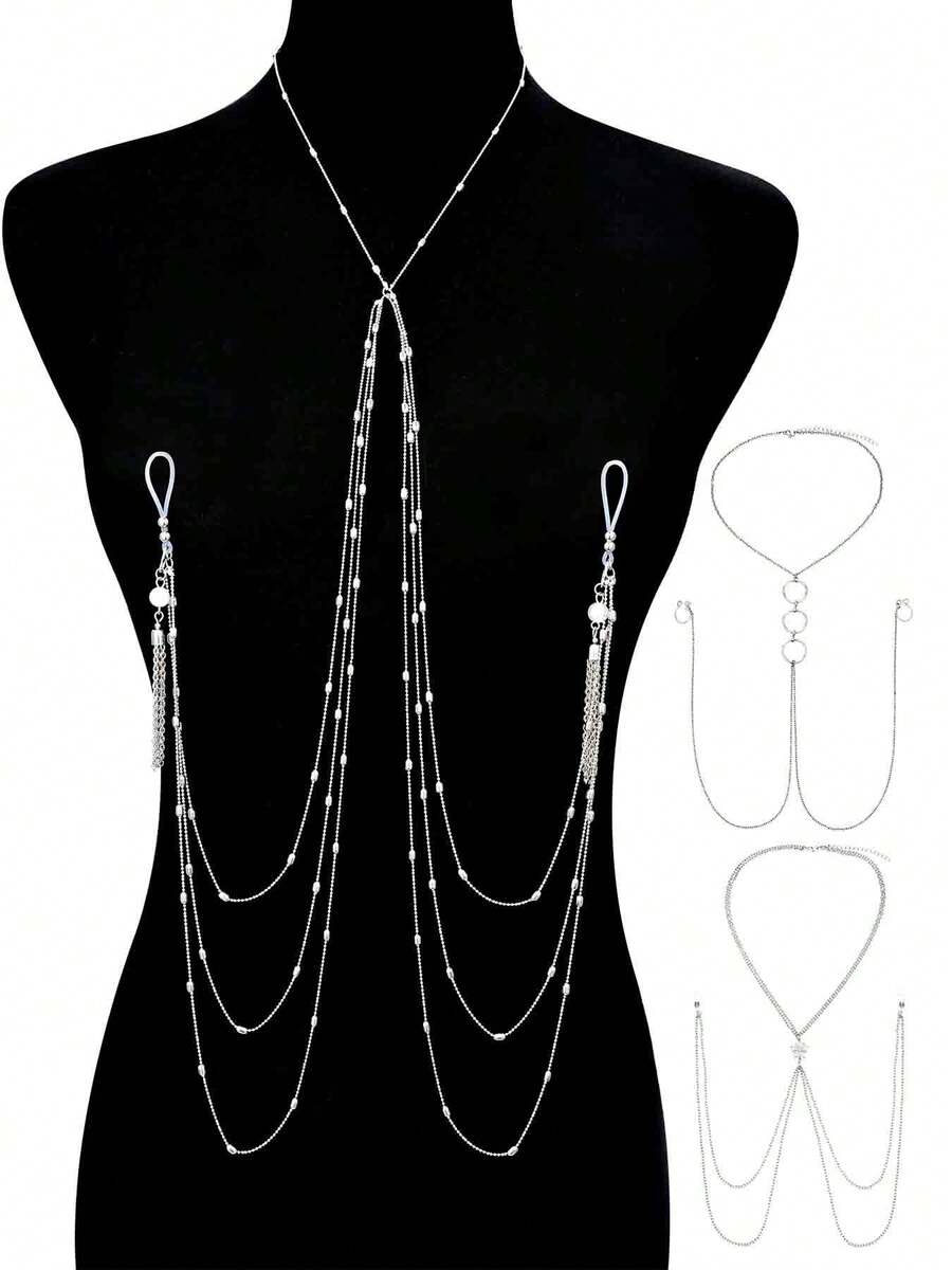 1pc Fake Nipple Piercing With Chain Fake Nipple Rings For Women Sexy Non Piercing Nipple Ring With Necklaces Adjustable Nipple Fake Nipple Ring Non Piercing Nipple Jewelry - Silver - View 1