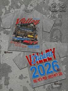 Plus Size Y2K, Washed T Shirt,Printed With Patterns Of A Vintage - Style Auto Repair Shop, Along With The Words 'Dreams Valley',Fashionable Cotton Men's T-Shirt, , Surprise Gift For Friends And Family, Drop Shoulder Sleeves Round Neck - 灰色 - 查看 3