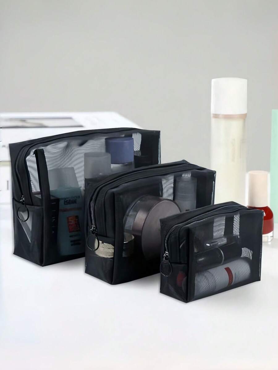 1个便携式网状化妆包，多功能简约化妆品收纳袋，网状化妆包，便携式旅行收纳包，适合居家、办公和旅行时存放化妆品，万圣节和圣诞节的绝佳礼物，波西米亚风格 - 黑色 - 查看 1