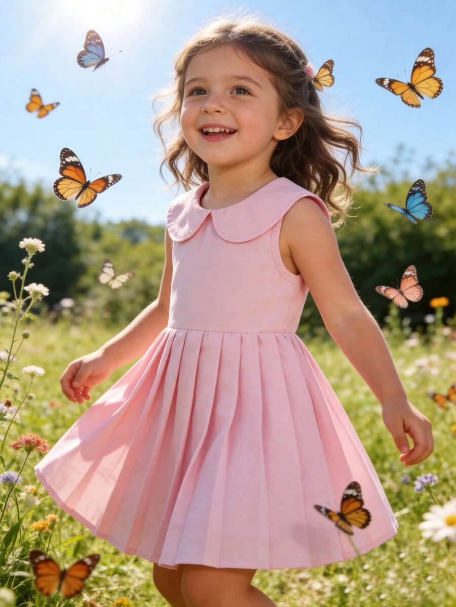 1pc Girls Casual Cute Dopamine Outfit Pleated Hem Peter Pan Collar Pink Dress, Spring/Summer