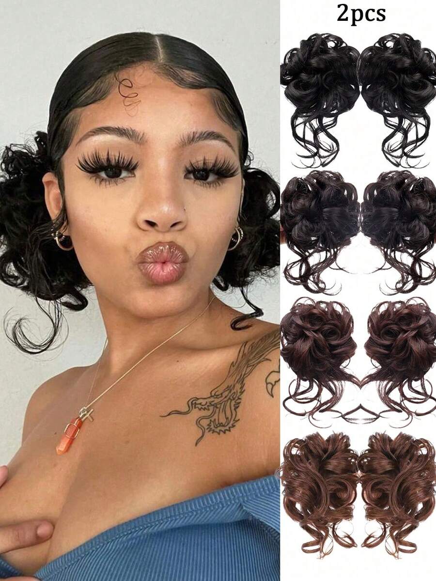 2pcs Synthetic Messy Updo Hair Bun Chignon Scrunchies Fake Hair Band Braid Elastic Hairpiece Tail For Women Synthetic Curly Ponytail - Dragon Beard Bun Hair Tie In Multiple Colors - View 1