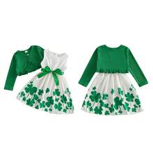 Baby Girls 2Pcs Irish Outfits Sleeveless Shamrock Print Dress + Long Sleeve Cardigan Set Toddler Clothes - 綠色 - 查看 8