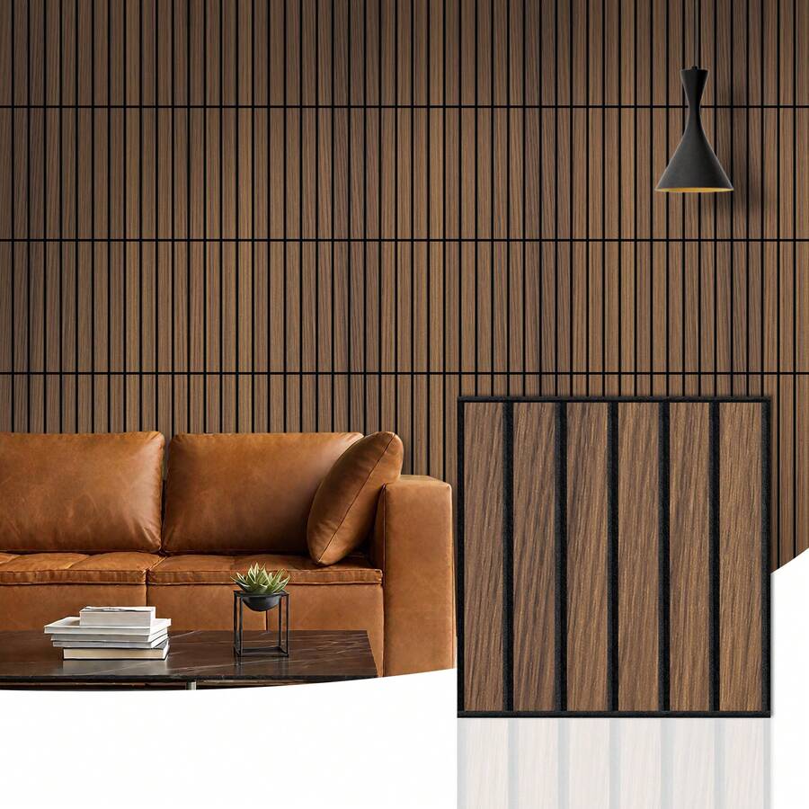 12片聚酯纤维吸音板，尺寸30x30x0.9厘米，PVC覆膜，3D切割墙面装饰，适用于室内墙壁和天花板 - 胡桃 - 查看 1