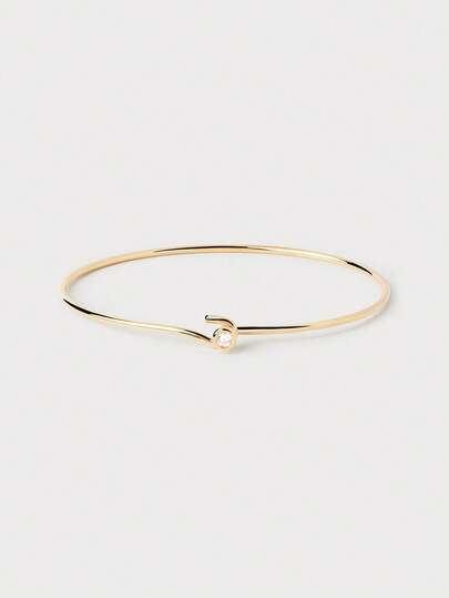 Minimalist Fashionable S925 Sterling Silver Gold-Plated Slim Hook Bangle Topped With White Zirconia For Women